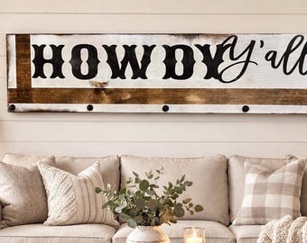 Rustic 'Howdy Y'all' Wood Sign: Farmhouse Western Decor (45” x 11.25”)