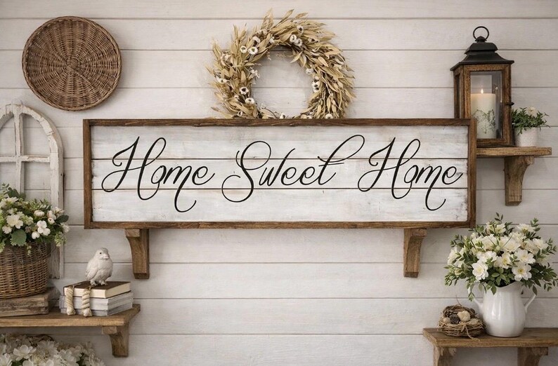 May include: A rustic farmhouse-style wall decor arrangement. A wooden sign with "Home Sweet Home" in elegant script is the focal point. The scene includes a woven wreath, a lantern, and floral arrangements, creating a cozy, inviting atmosphere.