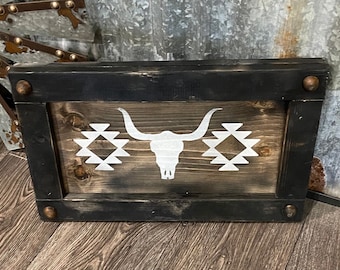 Aztec cow sign / western sign / unique rustic sign / cow decor / western decor