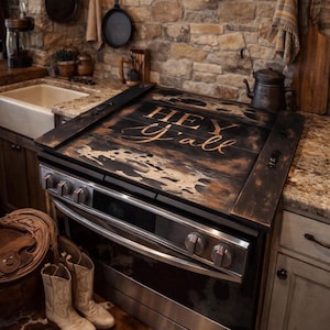 Decoración de cocina de estilo rústico con diseño de vaca. Cubierta para estufa. Tabla de fideos.