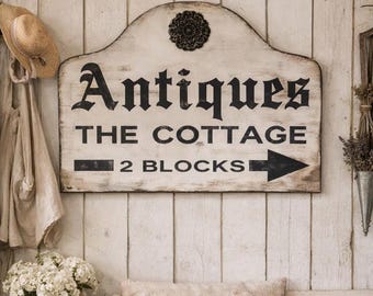 Hand Painted Antiques Cottage Sign: French Farmhouse Decor (26” x 18”)