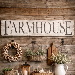 May include: A rectangular wooden sign with a distressed white finish and the word FARMHOUSE printed in large black serif letters. Below the sign are a cotton wreath, a hanging wicker basket with greenery, a wooden cutting board, and a white pitcher.