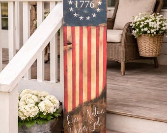 Rustic American Flag Porch Sign, Patriotic 1776 Wood Sign, Farmhouse 4th of July Decor