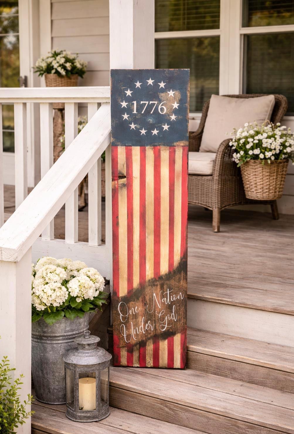 Rustic American Flag Porch Sign, Patriotic 1776 Wood Sign