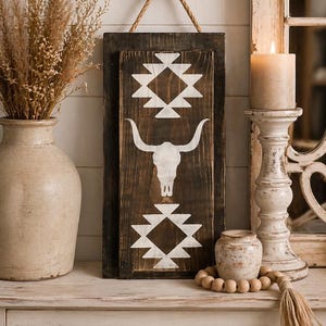 Rustic Aztec Cow Wood Sign: Western Farmhouse Decor (14" x 7.25")