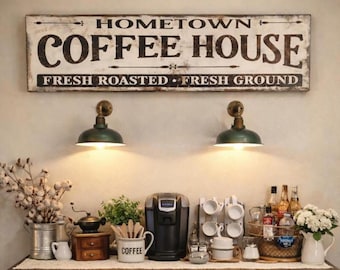 Distressed Coffee House Sign, Farmhouse Rustic Kitchen Decor