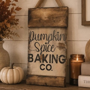 May include: A rectangular wooden wall sign with a distressed finish, featuring the black text "Pumpkin Spice BAKING CO." printed on the front. The sign has a dark brown stained top and bottom border and includes a tan burlap hanging strap at the top.