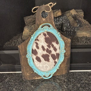 Teal frame with tag  / cow tag sign / rustic tag with frame attached / faux cowhide sign / cow decor
