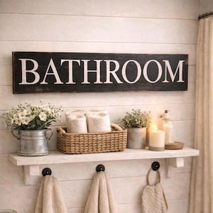 Large Bathroom Wood Sign – Black White Farmhouse Wall Decor