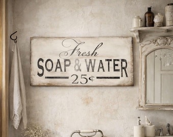 Hand Painted Soap and Water Sign: Rustic Farmhouse Bathroom Decor (18 x 11.25)