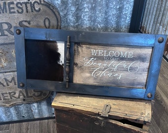 Ready to ship / welcome to our beautiful chaos sign / western sign / unique rustic sign / cow decor / western decor / genuine cowhide sign