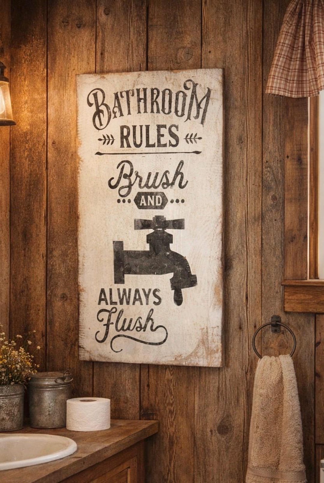 Rustic Bath Sign Rustic Farmhouse Bathroom Sign: Distressed Spigot Decor (24” X 11.25 ...