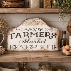 Farmers Market Sign - Rustic Farmhouse Decor - Honey Eggs Pies Butter - Kitchen Wall Art afbeelding 1