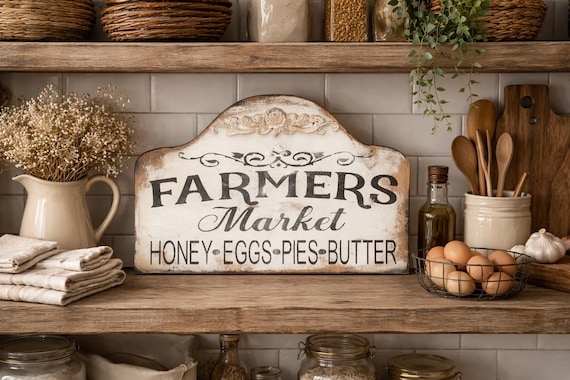 Farmers Market Sign - Rustic Farmhouse Decor - Honey Eggs Pies Butter - Kitchen Wall Art