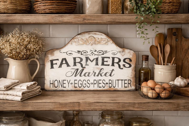 Farmers Market Sign - Rustic Farmhouse Decor - Honey Eggs Pies Butter - Kitchen Wall Art afbeelding 1
