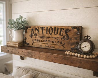 Handmade Antiques Sign: Rustic Farmhouse Decor (28” x 11.25”)