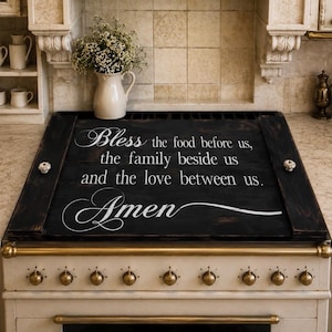 Hand Painted Farmhouse Stove Cover: Bless This Food, Noodle Board, prayer kitchen decor