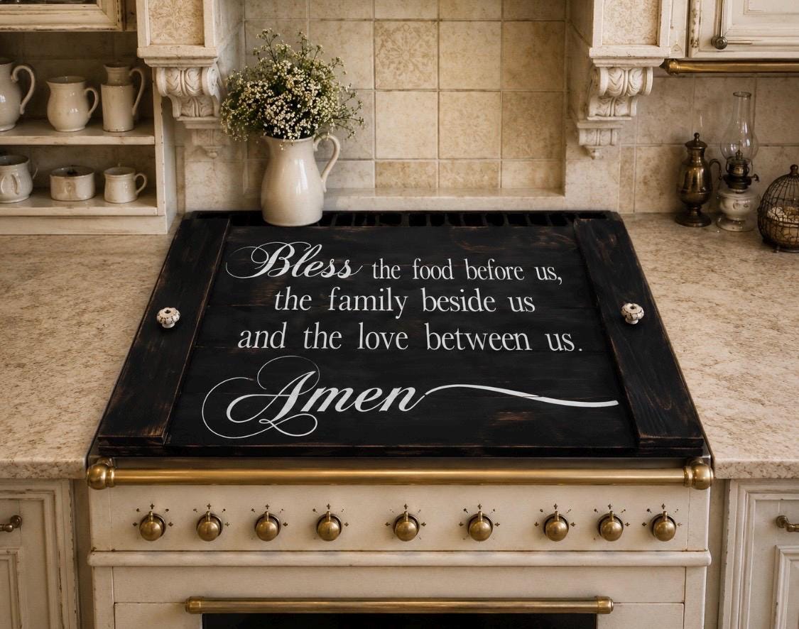 Hand Painted Farmhouse Stove Cover: Bless This Food, Noodle Board