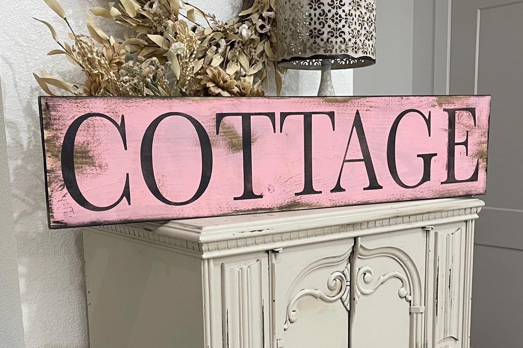 Pink cottage sign/ farmhouse sign / rustic sign / farmhouse wall decor / distressed sign / hand painted
