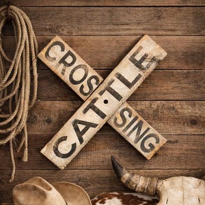 Hand Painted Cattle Crossing Sign: Rustic Farmhouse Decor