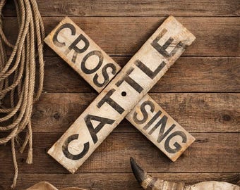 Hand Painted Cattle Crossing Sign: Rustic Farmhouse Decor