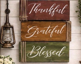 Farmhouse Fall Sign Set: Thankful, Grateful, Blessed Rustic Decor