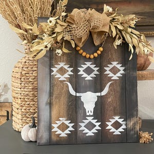 Aztec cow sign / western sign / unique rustic sign / cow decor / western decor