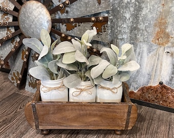 Ready to ship / farmhouse centerpiece / mason jar decor / floral arrangement / wooden box / lambs ear decor