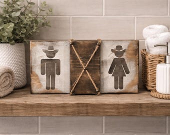 Cowboy & Cowgirl Restroom Sign | Rustic Western Bathroom Sign | Farmhouse Wall Decor