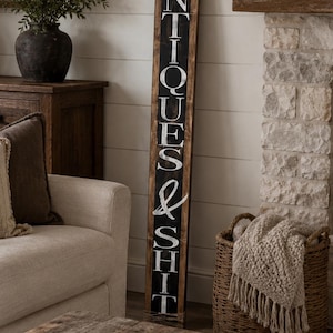 Antiques Sign, Rustic Wood, Farmhouse Decor, Vertical Wall