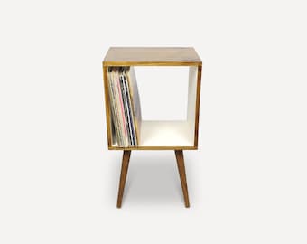 Scandinavian Vinyl Console, Vinyl Record storage, Nightstand, Real Wood Side Table