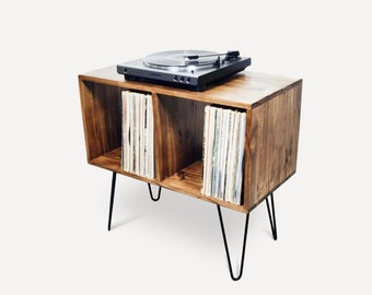 Console pour disques, support moderne du milieu du siècle, rangement pour vinyles scandinaves, pieds en épingle à cheveux