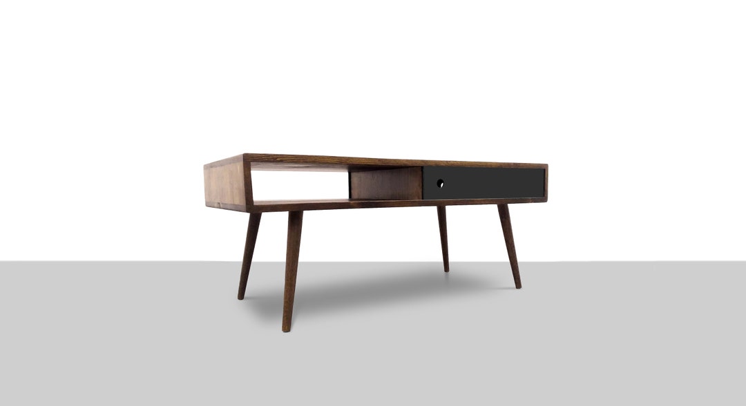 MCM Coffee Table With Storage and Sliding Doors, Solid Wood
