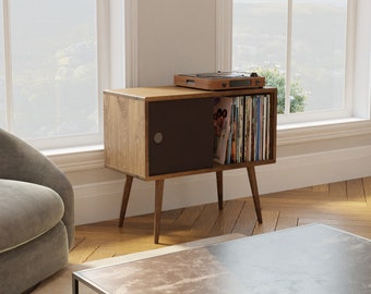 Console pour disques moderne du milieu du siècle, MCM, rangement pour vinyles, support multimédia, support pour platine vinyle