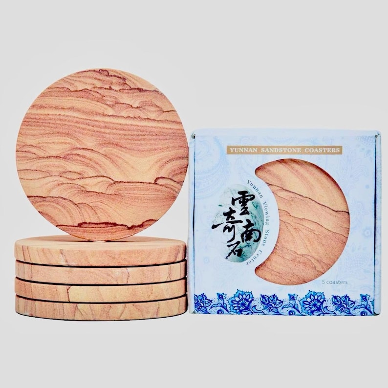 Absorbent Sandstone Coasters (5 Pc. Set) | Natural Wood Grain Pattern, Non-Slip Cork Backing image 2
