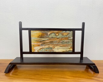 Natural Dali Marble "painting" dreamstone, Qin-Dynasty style base Sunset view