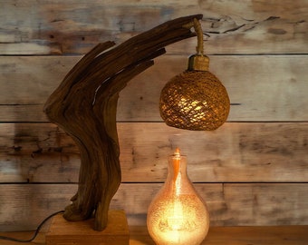 Handmade Natural Root Lamp, Purple Teak Wood Designer, Driftwood Table Lamp, Living room Art Lamp, Wire Stringed  in the Wood
