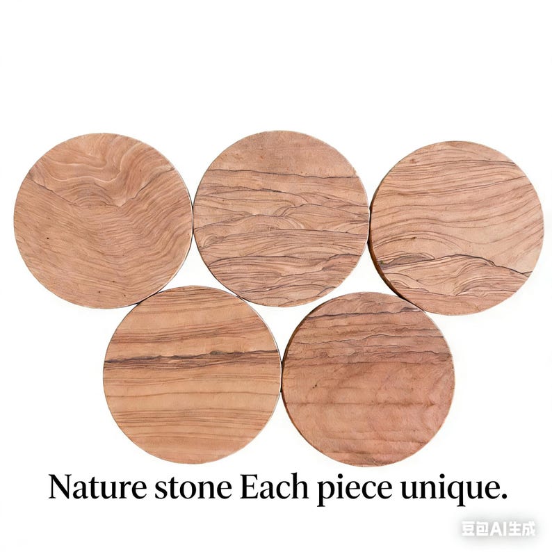 Absorbent Sandstone Coasters (5 Pc. Set) | Natural Wood Grain Pattern, Non-Slip Cork Backing image 3