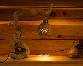 Handcrafted Natural Root Lamp, Cuckoo Wood Designer, Driftwood Table Lamp, Wire Stringed in the Wood