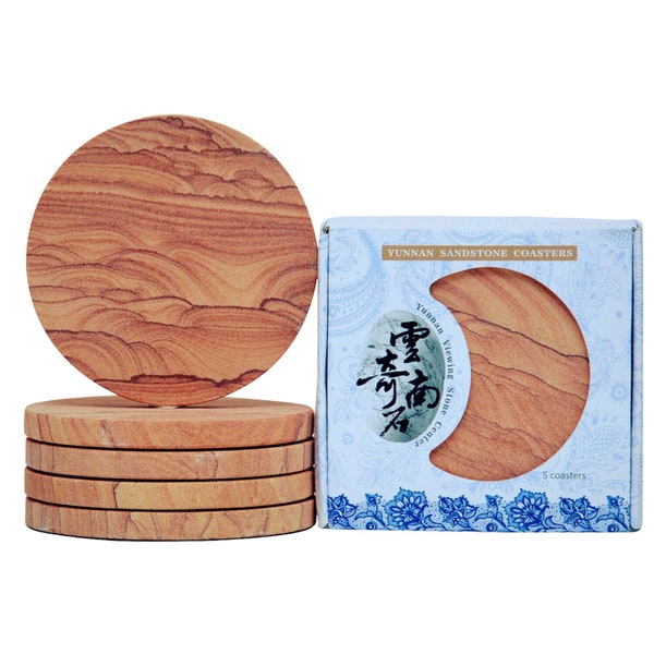 Sandstone Coasters (5 Pc. Set) Thirsty Absorbent | Unique Natural PATTERN | Cork Surface Protection| Heat-Treated Craftsmanship|"Wood Grain"