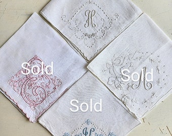 Vintage monogrammed hankerchief, letters sold separately,  A, E, h, K