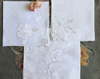 3 Wedding Vintage Floral embroidered  handkerchief set