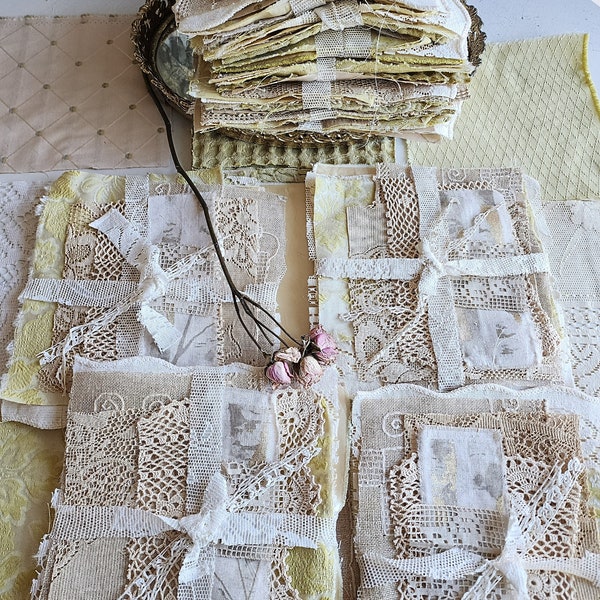 Natural with hint of green Vintage, antique dyed, textured fabric collection squares 8 by 8 inches, 8 piece bundle+ smaller pieces