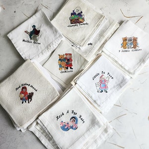 Vintage embroidered fairytale table linen napkins, great for Birthdays, baby showers.