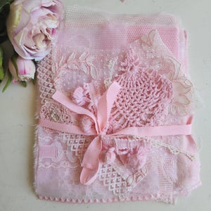 PINK SHADES Vintage, antique dyed, textured fabric collection squares 8 by 8 inches, 9 piece bundle+ smaller pieces
