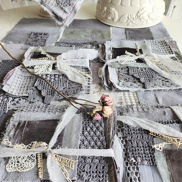 VINTAGE GREY Vintage, antique, textured fabric collection squares 8 by 8 inches, 9 piece bundle