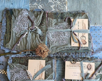 DEEP OCEAN Vintage, antique dyed, textured fabric collection squares 8 by 8 inches, 9 piece bundle