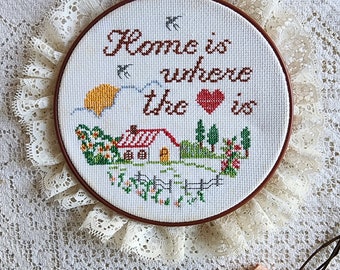 Vintage crosstich wall decoration. Home is where the heart is.