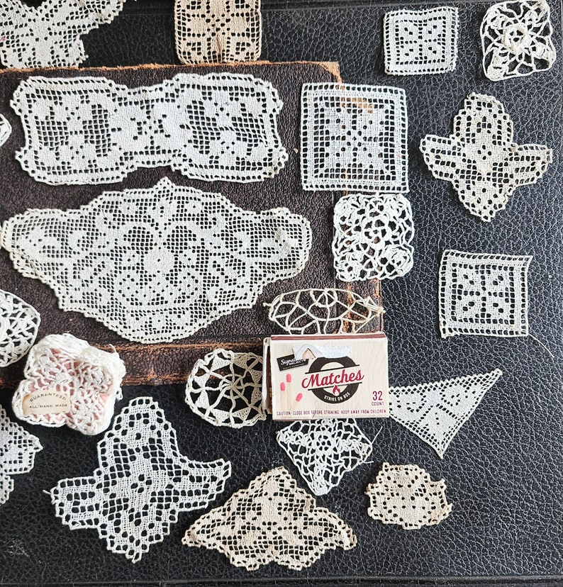 Set of miniature antique doilies, lace inserts image 2