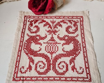 Antique crosstich, decorative, panel, wall decoration. Dragons